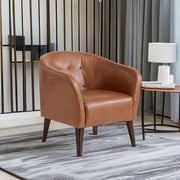 Collins Button Tufted Barrel Wood Legs – Upholstered Tub Chair for Living Room, Camel Faux Leather