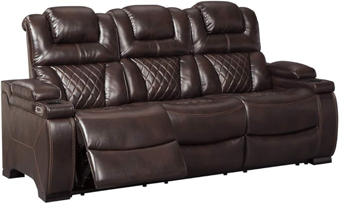 Warnerton Faux Leather Power Reclining Sofa with Adjustable Headrest, Brown