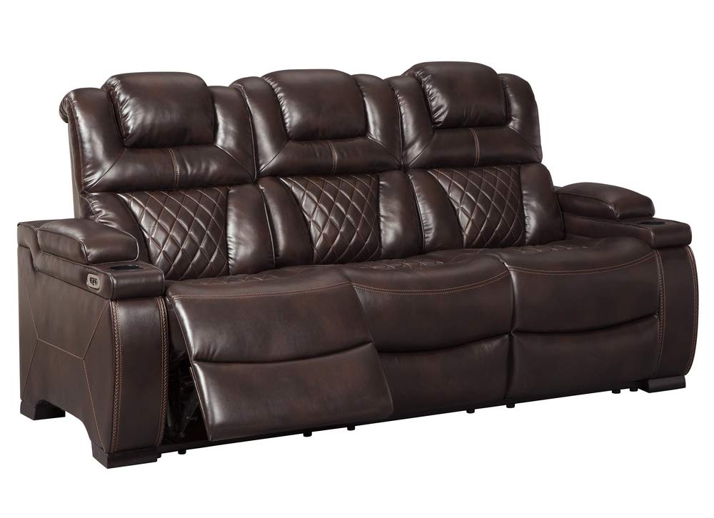 Warnerton Faux Leather Power Reclining Sofa with Adjustable Headrest, Brown