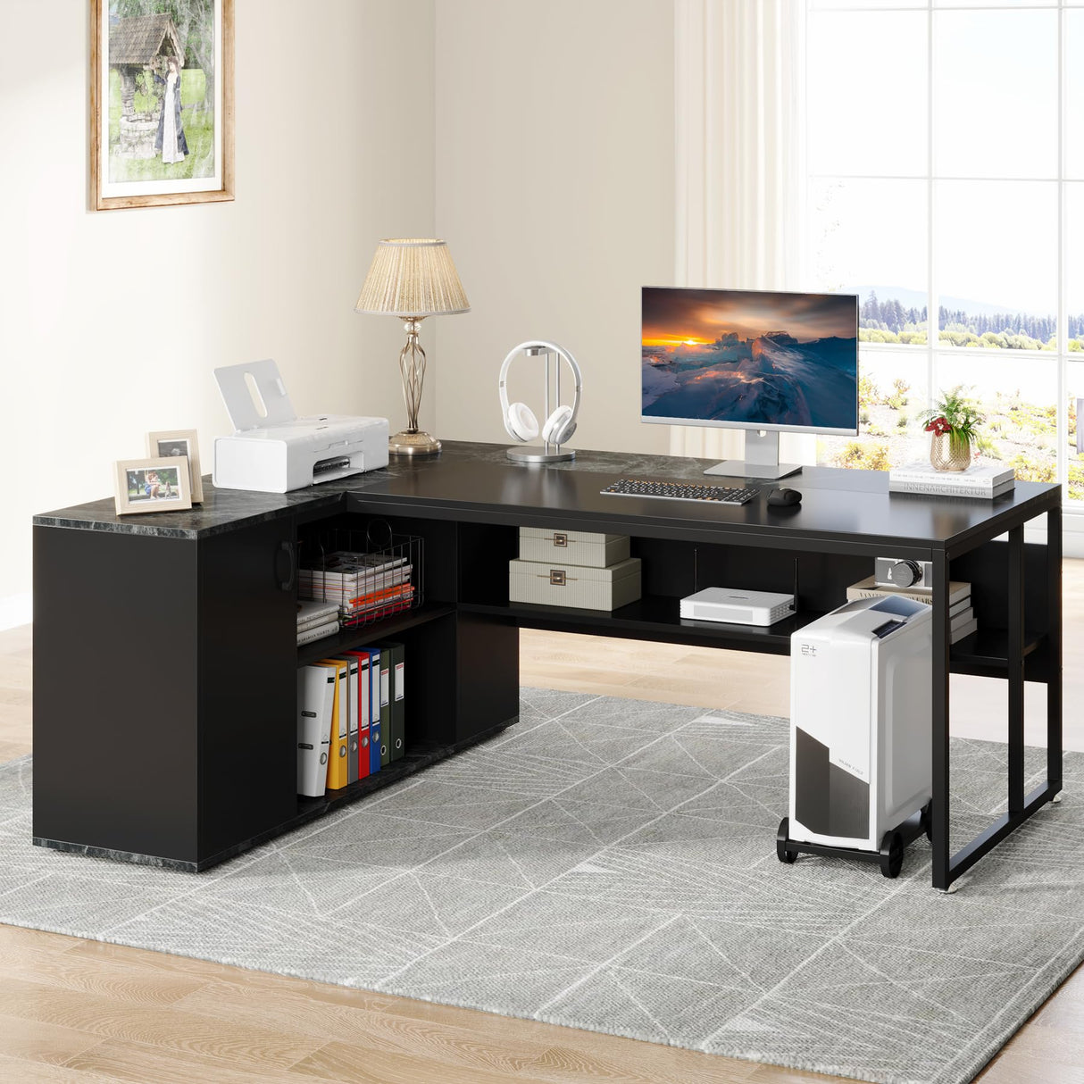 55-inch L-shaped office desk with drawers and storage shelves