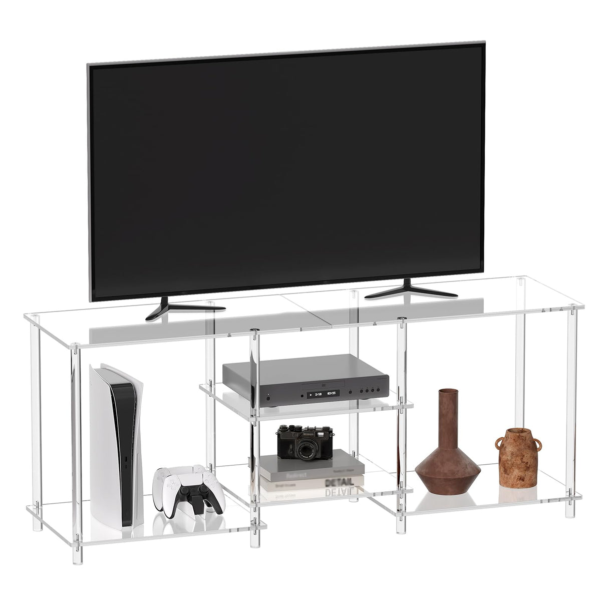 Minimalist acrylic TV stand setup in a contemporary living room.