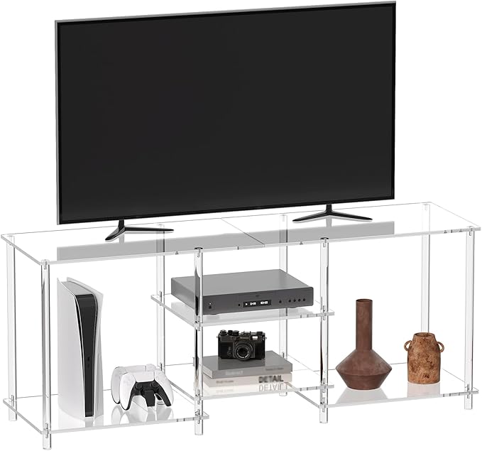 Transparent acrylic entertainment center supporting a 60-inch TV.