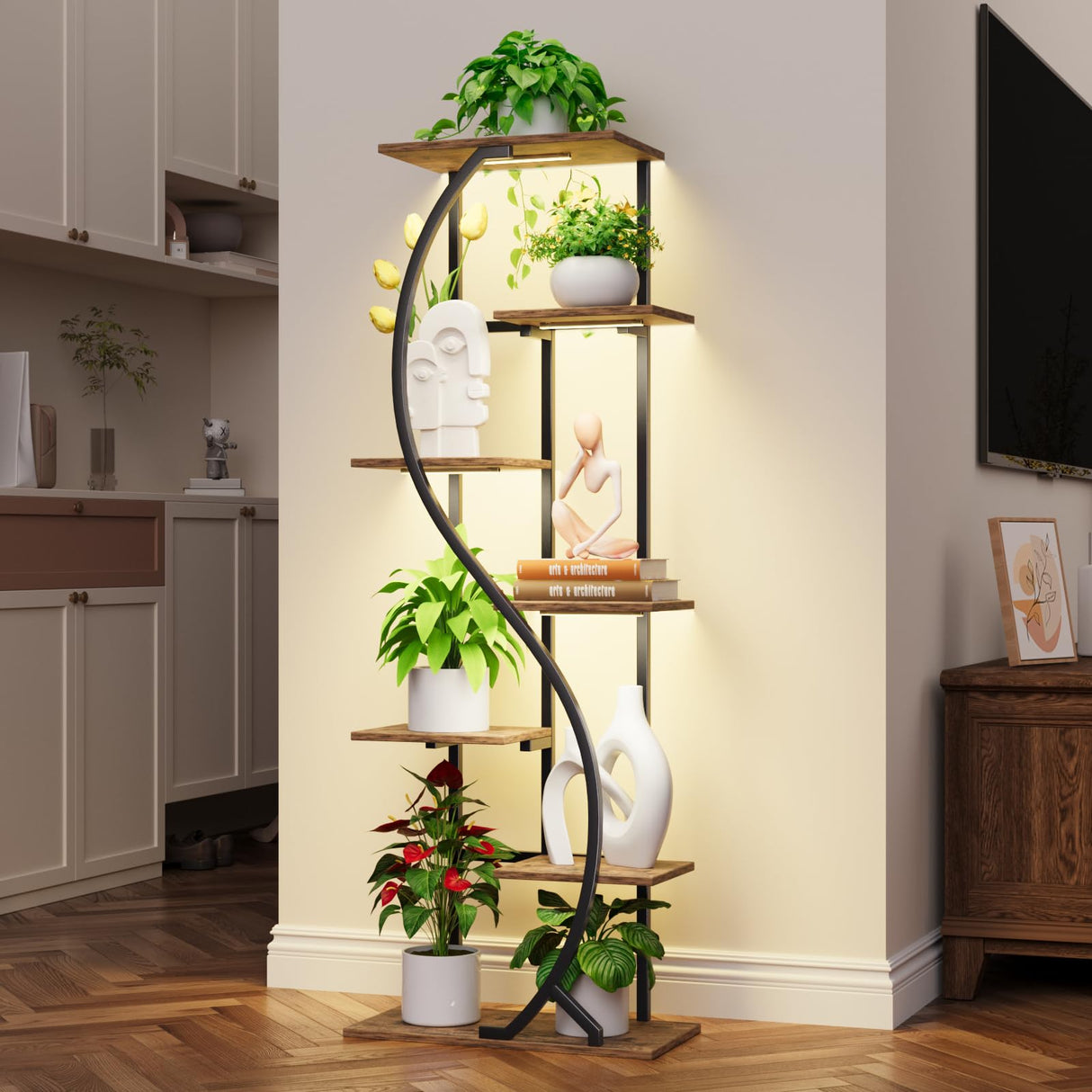 59-inch S-shaped 7-tier metal plant stand with grow lights