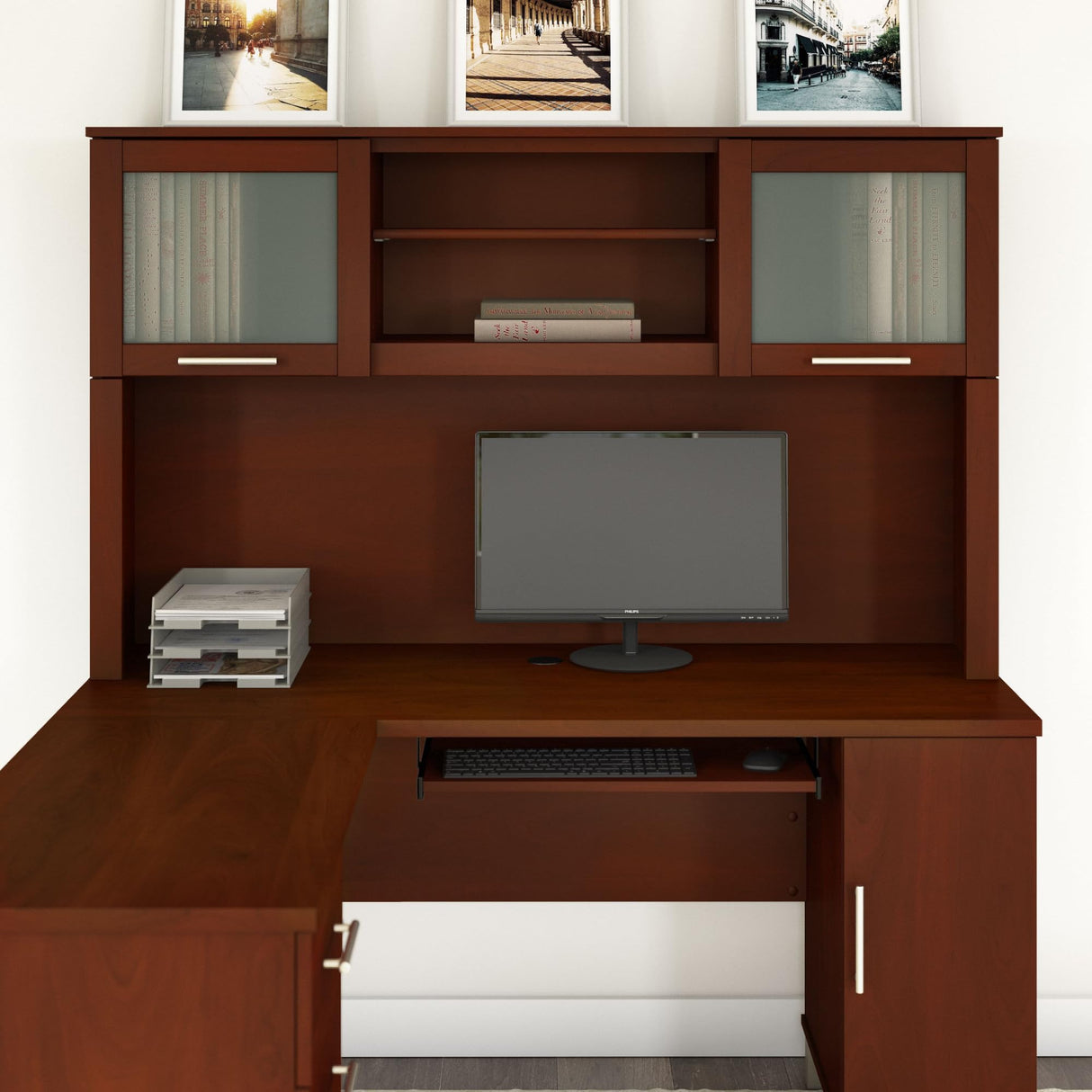 60-Inch L-Shaped Office Desk with Hutch and Lateral File Cabinet
