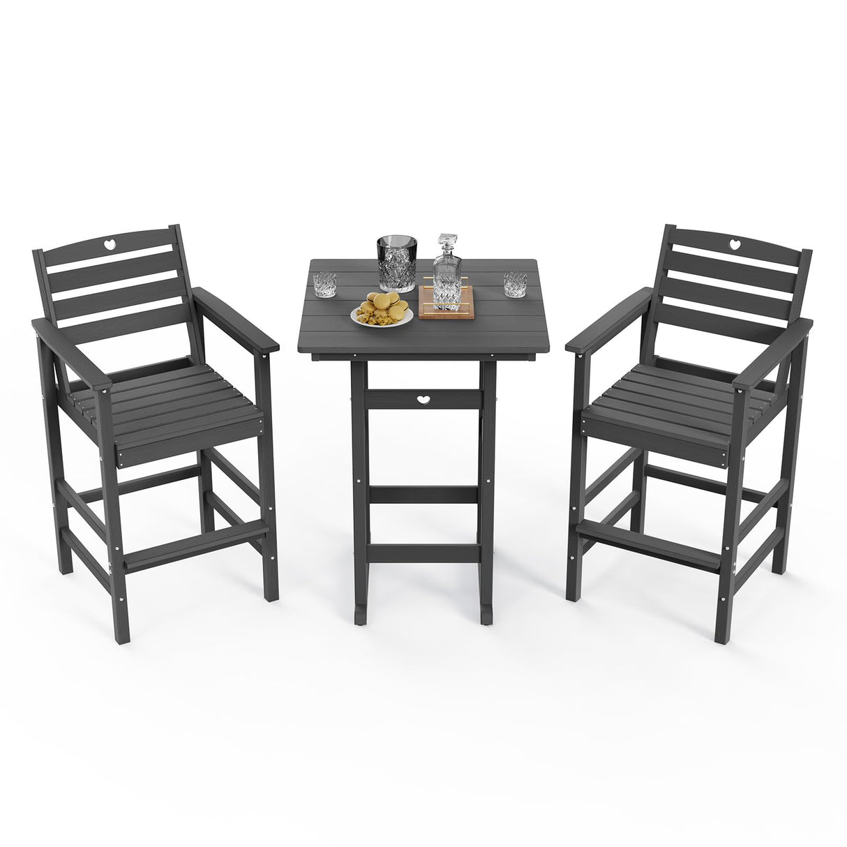 Orbcove 3-Piece Bar Height Patio Table and Chairs Set, HDPE Wood Grain Outdoor Bar Table and Chairs with Heart Cutout Design, Weather-Resistant Bar Height Furniture for Deck, Porch, Pool (Grey)