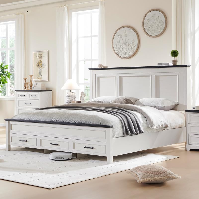 King Bed Frame with Storage Drawers & Farmhouse Headboard