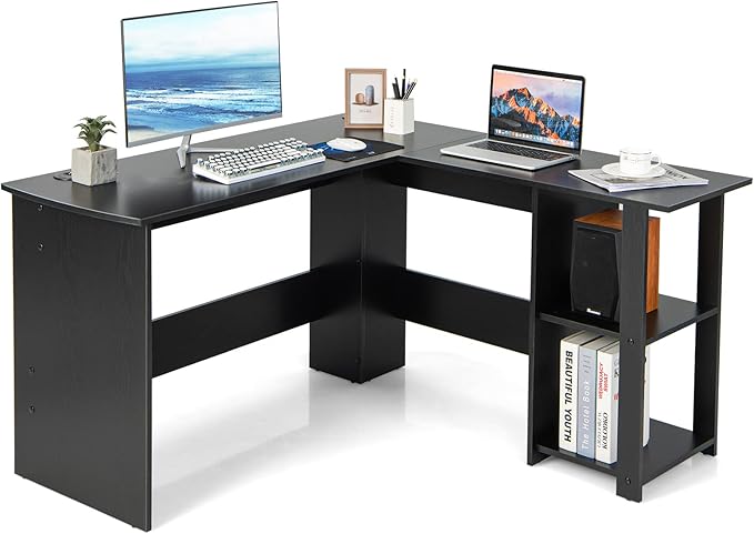 Shaped Computer Desk, Large Corner Computer Desk with 2-Tier Open Shelves & 2 Cable Management Holes