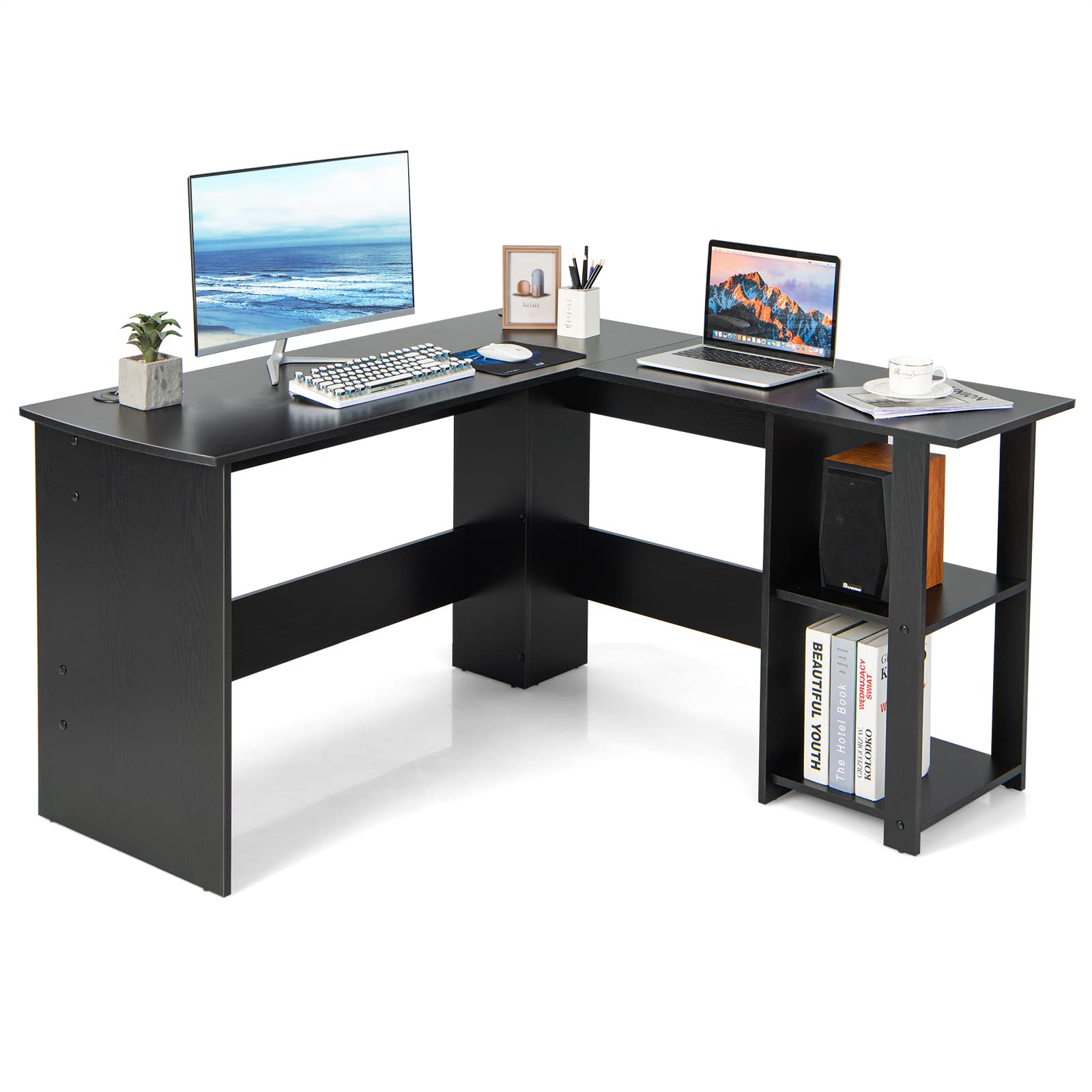Shaped Computer Desk, Large Corner Computer Desk with 2-Tier Open Shelves & 2 Cable Management Holes