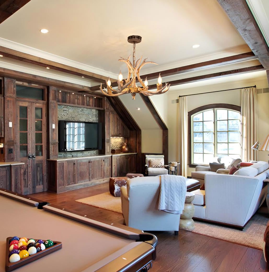 Vimatto Rustic Antler Chandelier 4-Light 25inch Old White Farmhouse Art Deco Antler Light Fixture for Dining Room, Kitchen Island & Living Room(White 4 Lights)