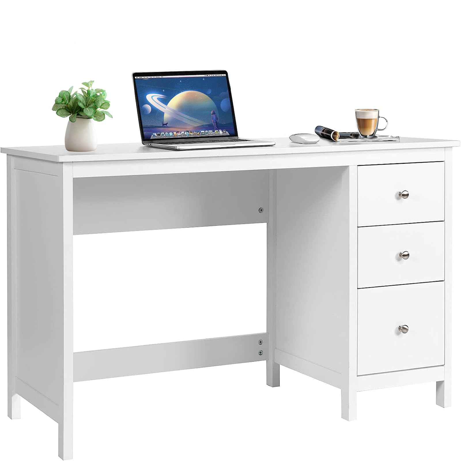48" Executive Desk Computer Desk with 3 Drawers, Modern Home Office Desk Study Writing Table Computer Workstation (White)