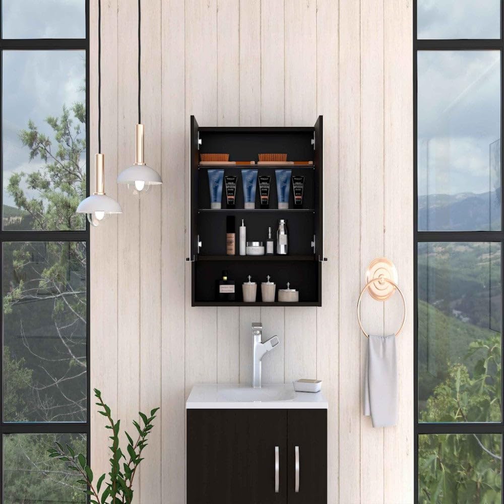 Medicine Cabinet with Mirror Lexington,Three Internal Shelves, Bathroom - Black