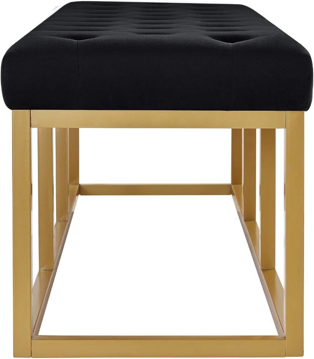 Upholstered Tufted Long Bench with Golden Metal Leg, Black Velvet Bench