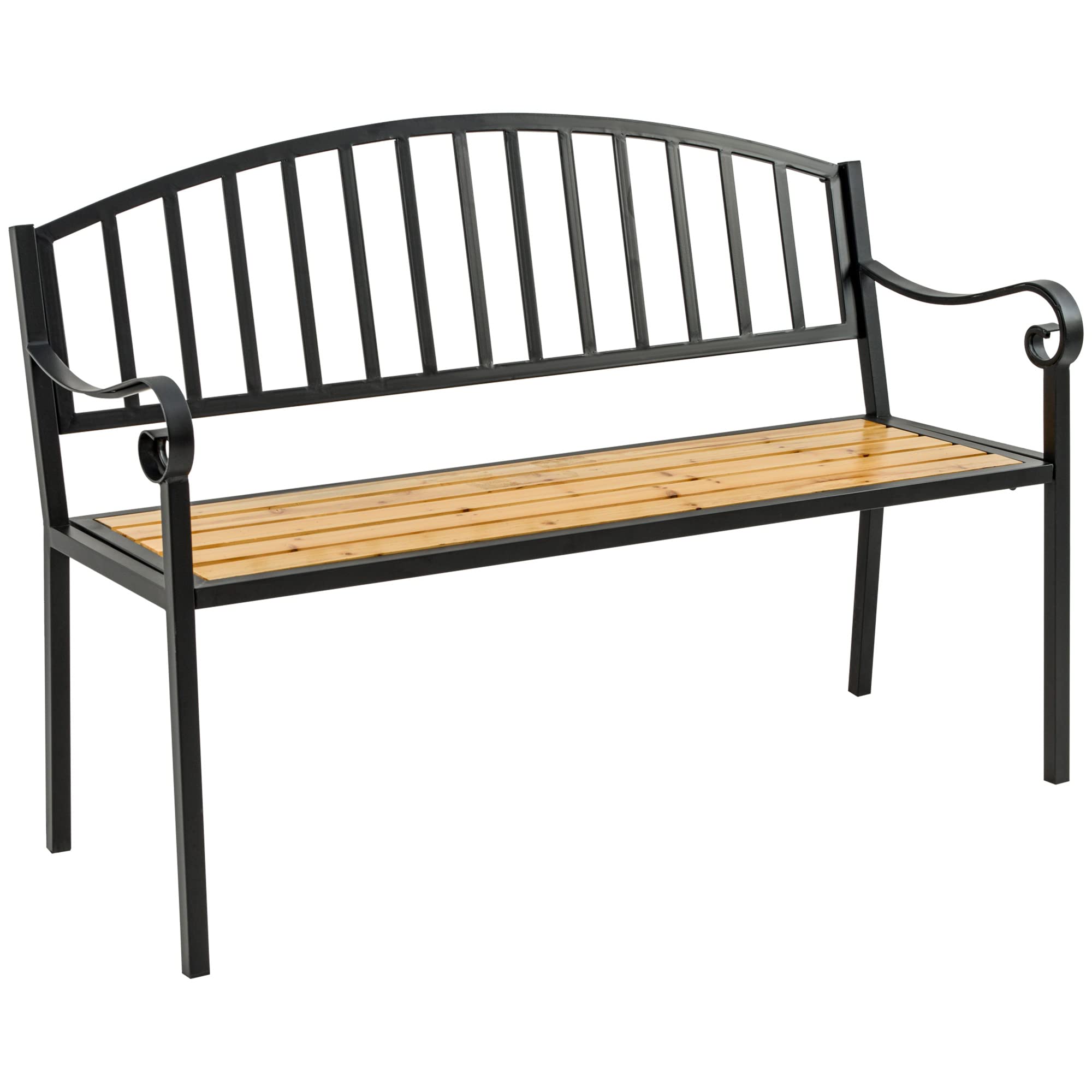 50" Garden Bench, Patio Loveseat with Antique Backrest, Wood Seat and Steel Frame