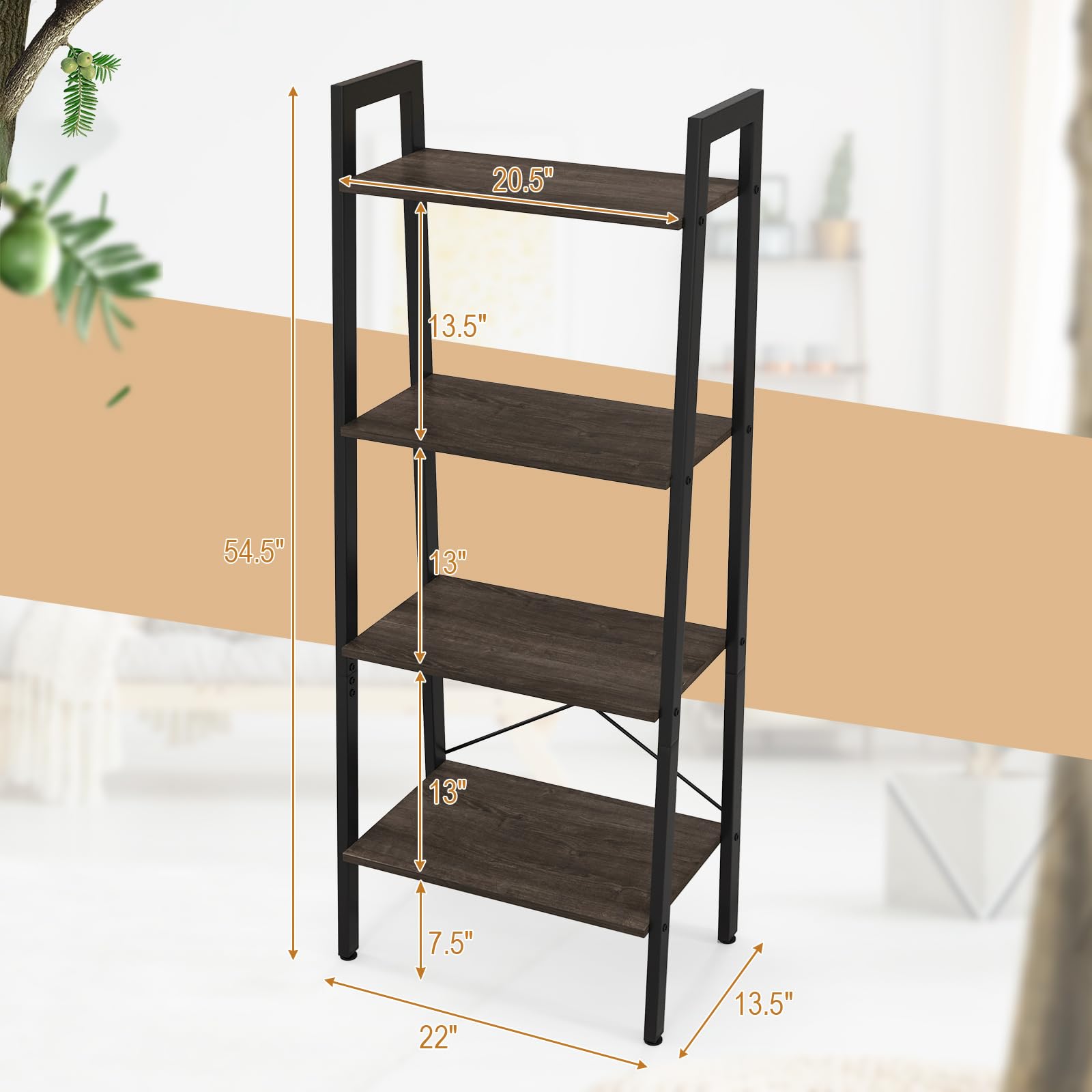 Ladder Bookshelf, 4-Tier Industrial Wood Bookcase w/Metal Frame, Anti-Toppling Device