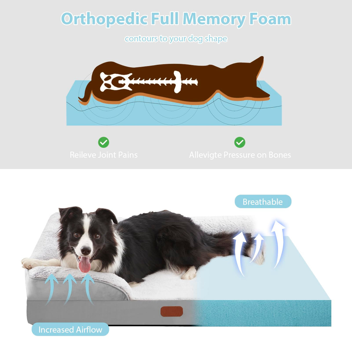 Large 3-Sided Memory Foam Dog Bed, Orthopedic Pet Couch Bed for Large Dogs