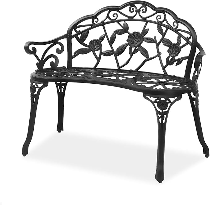 38.5" Patio Park Garden Outdoor Metal Rose Bench,Cast Iron Cast Aluminium Frame Antique Finish Chair