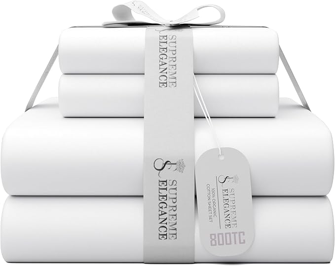 800 Thread Count Queen Arctic White Sheets Set, Ultra Soft & Silky Cotton Rich Easy Care