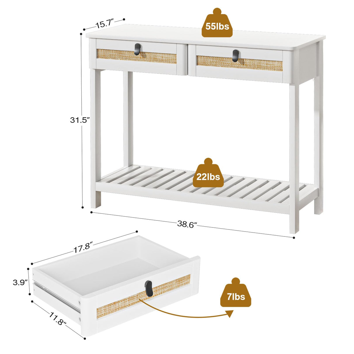 Knowlife Rattan Console Table with Drawers, Entryway Table Sofa Table with Storage Shelf, Narrow Long Behind Couch Table for Entryway, Living Room, Hallway, White