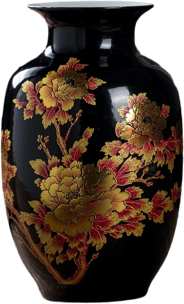 Red Vase Oriental Ceramic Flower Vases Decorated with Peony Design