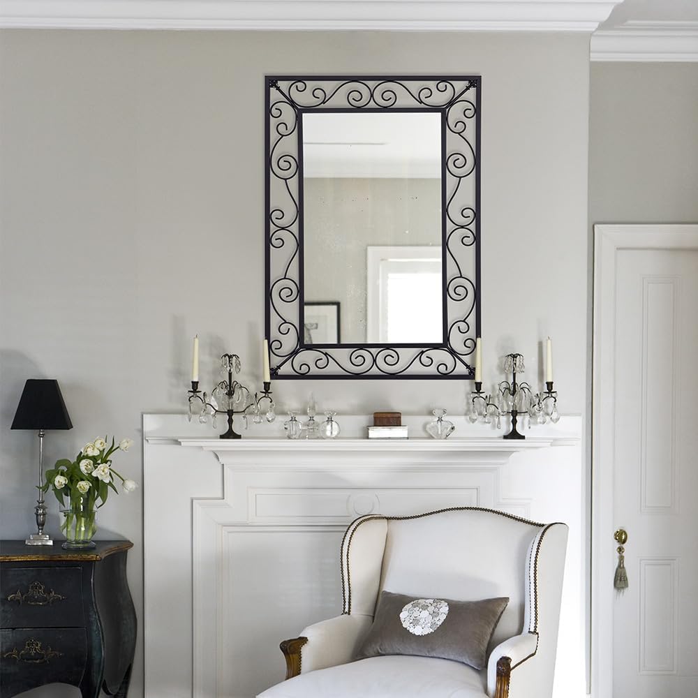 Black Metal Scroll Frame Wall Mirror 36x24 Inch