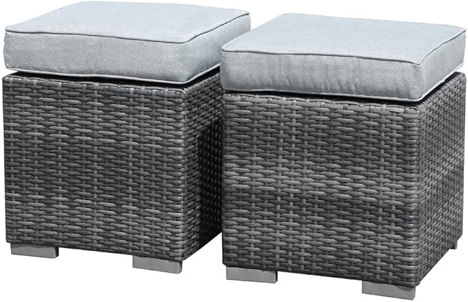 2 Pieces Assembled Outdoor Patio Ottoman, Indoor Outdoor All-Weather Grey Wicker