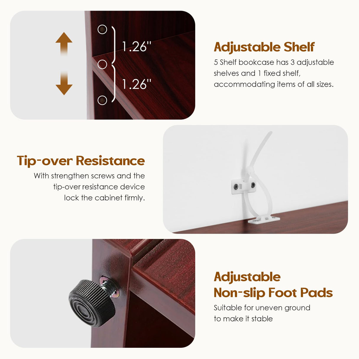 Soohow 5 Shelf Bookcase,60 Inch Wood Tall Bookshelves for Living Room,Mahogany