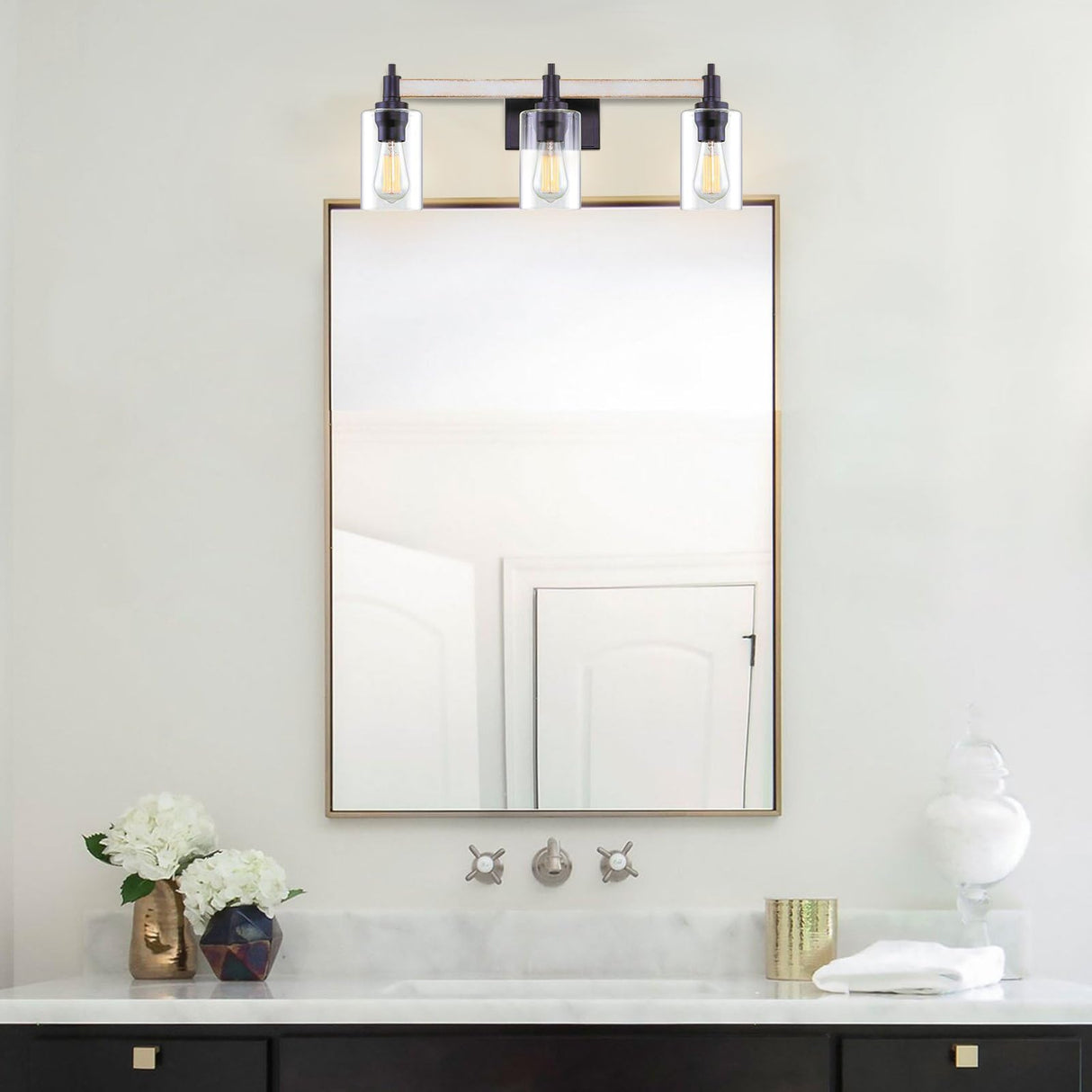 Theo 25" 3-Light Modern Farmhouse Vanity/Bathroom Light + Clear Cylinder Glass Shades