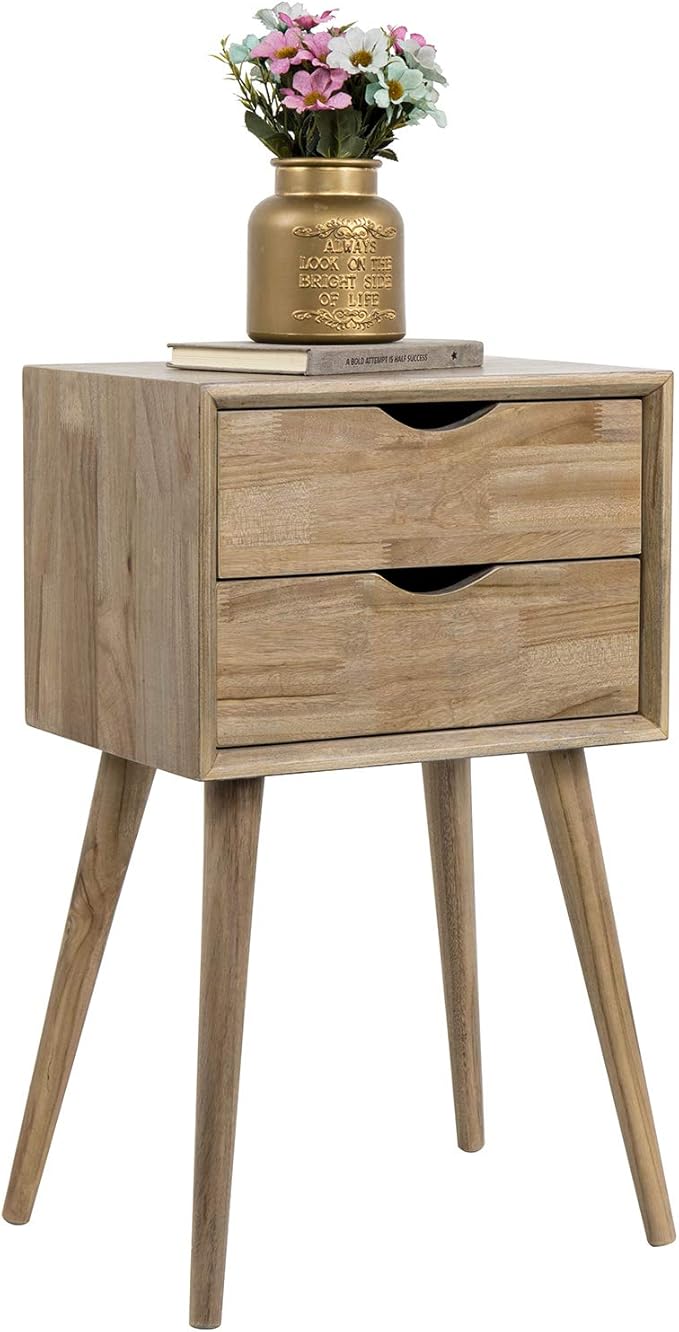Solid Brown Wood Mid Century Modern Nightstand Side Table End Table with 2 Pull Out