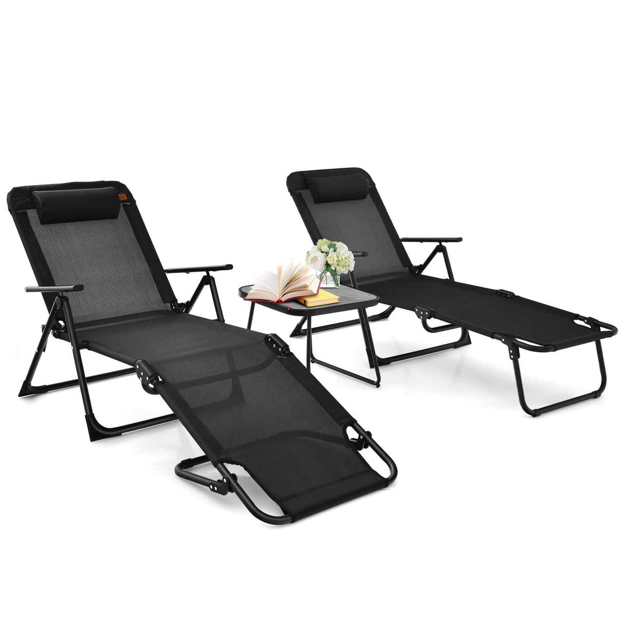 Chaise Lounge Chair Set, 2 Recliner Chairs & 1 Patio Bistro Table w/Adjustable Backrest,