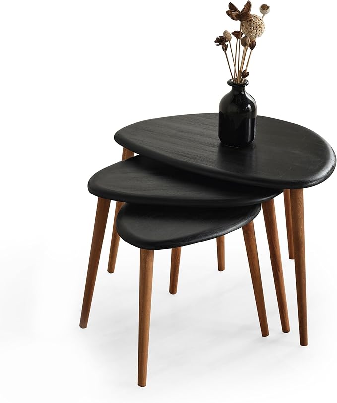 Solid Wood Nesting Coffee Table Set of 3 - Mid Century Modern Pebble Tables