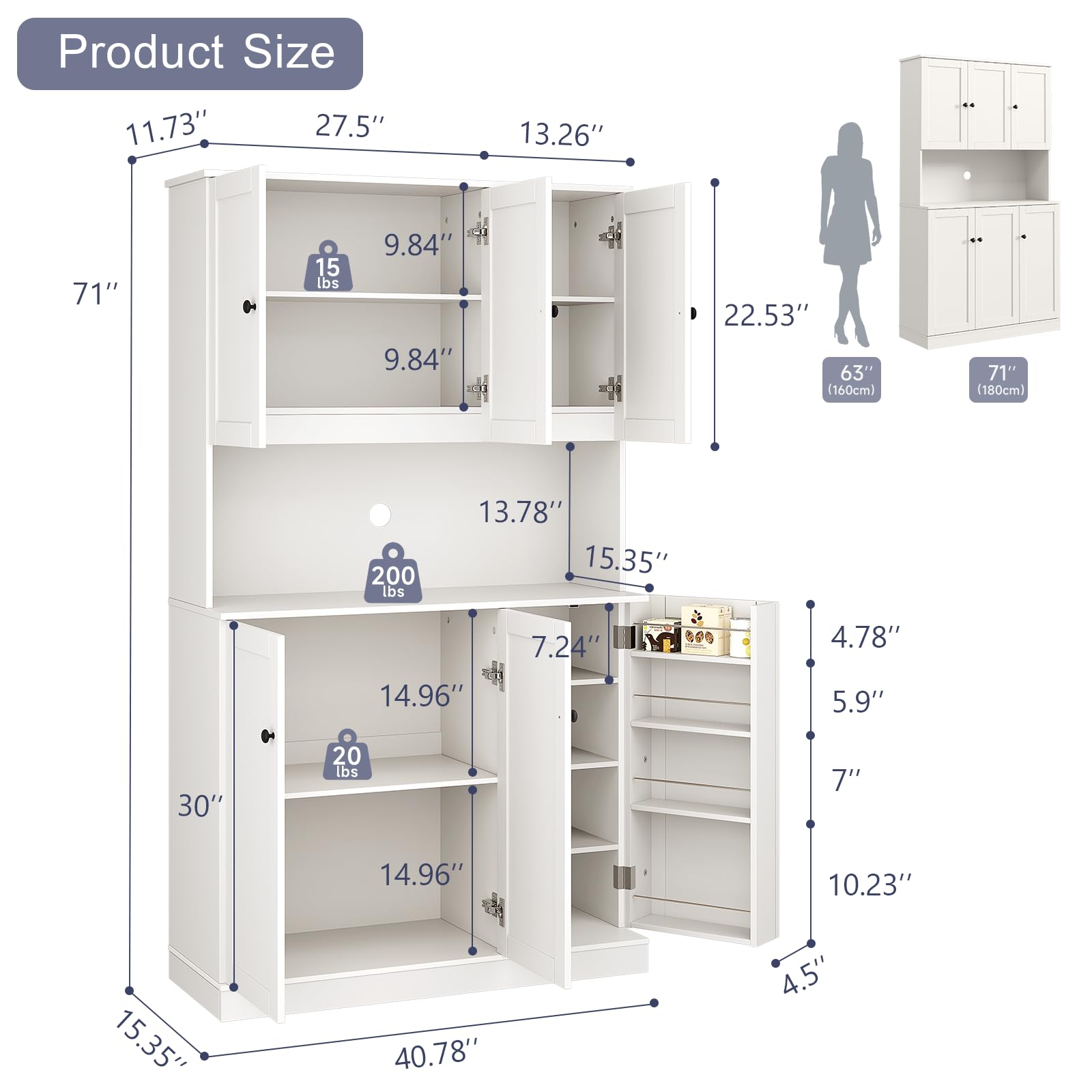 ONBRILL 71" Tall Kitchen Pantry Storage Cabinet with Microwave Stand & Door Shelf, Freestanding Kitchen Hutch with 6 Doors and Adjustable Shelves, Modern Food Pantry for Kitchen, Dining Room, White