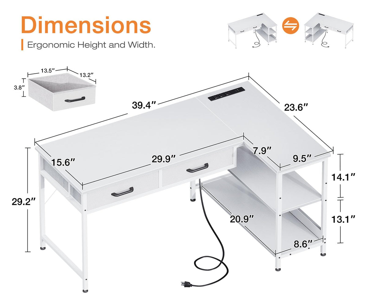 40 Inch L Shaped Desk with 2 Drawers, Computer Desk with USB Ports, Office Desk with Storage Shelves, Corner Desk Home Office Desks, Small Desk for Bedroom, White