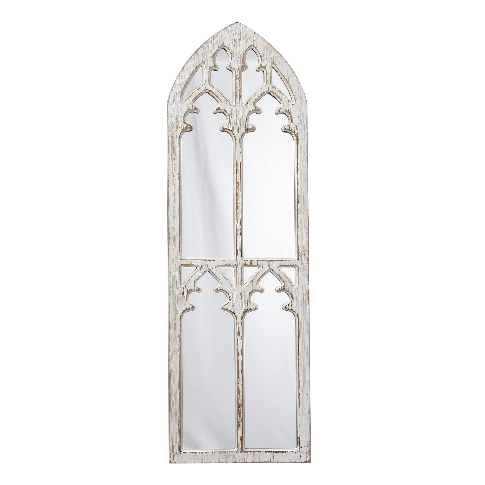 Farmhouse Wood Frame Arched Window Mirror 12 x 38 inches, Hanging Distressed White Rustic Cathedral Hallway Mirrors