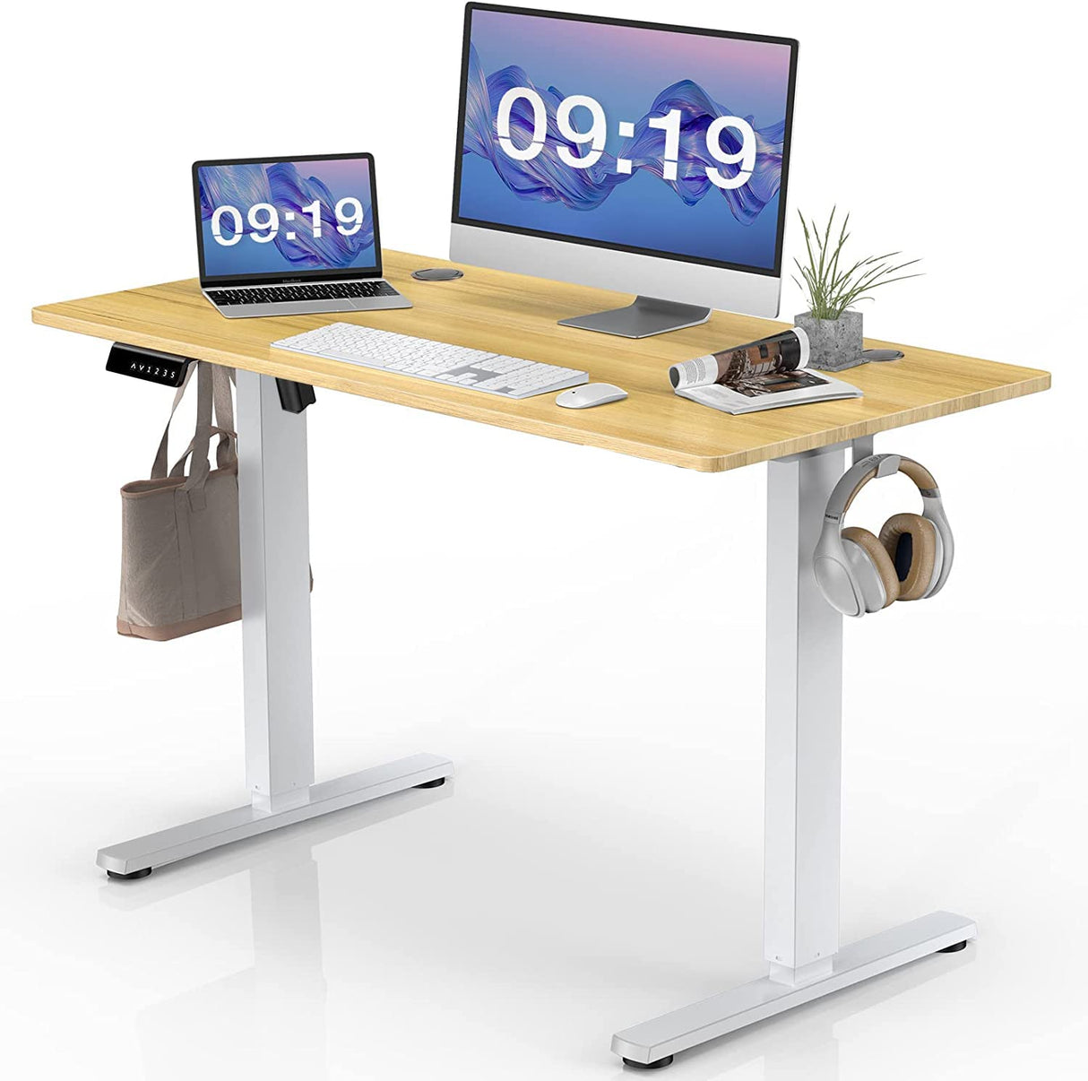 SMUG Height Adjustable Electric Standing Desk, 48 x 24 Inches Sit Stand up Desk Home Office Computer Desk, Ergonomic Desk with Memory Controller Standing Table Natural