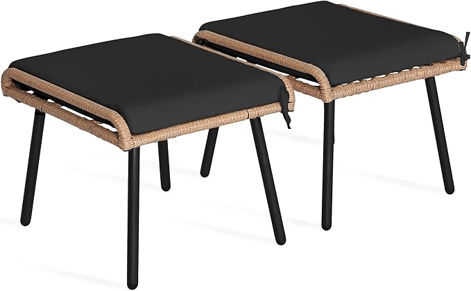 2-Piece Outdoor Wicker Ottoman, All-Weather Patio Rattan Foot Rest