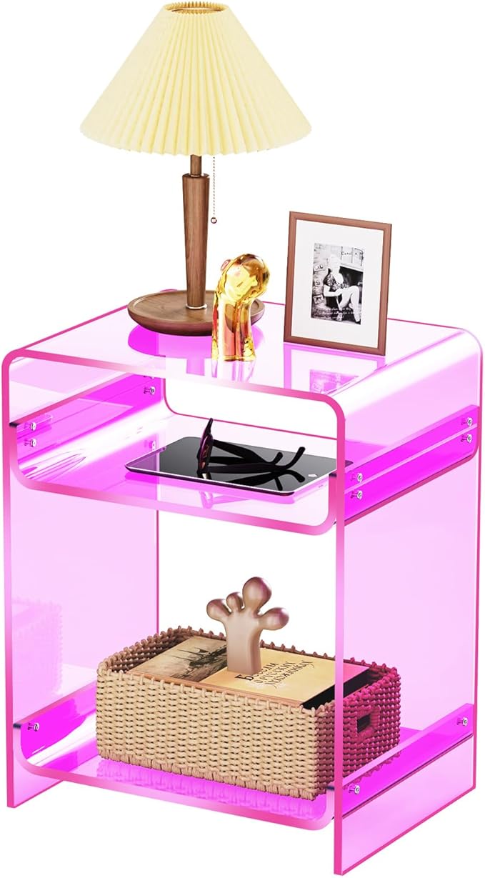 End Table Record Player Table with Storage Shelf Clear Side Table Nightstand, Orange