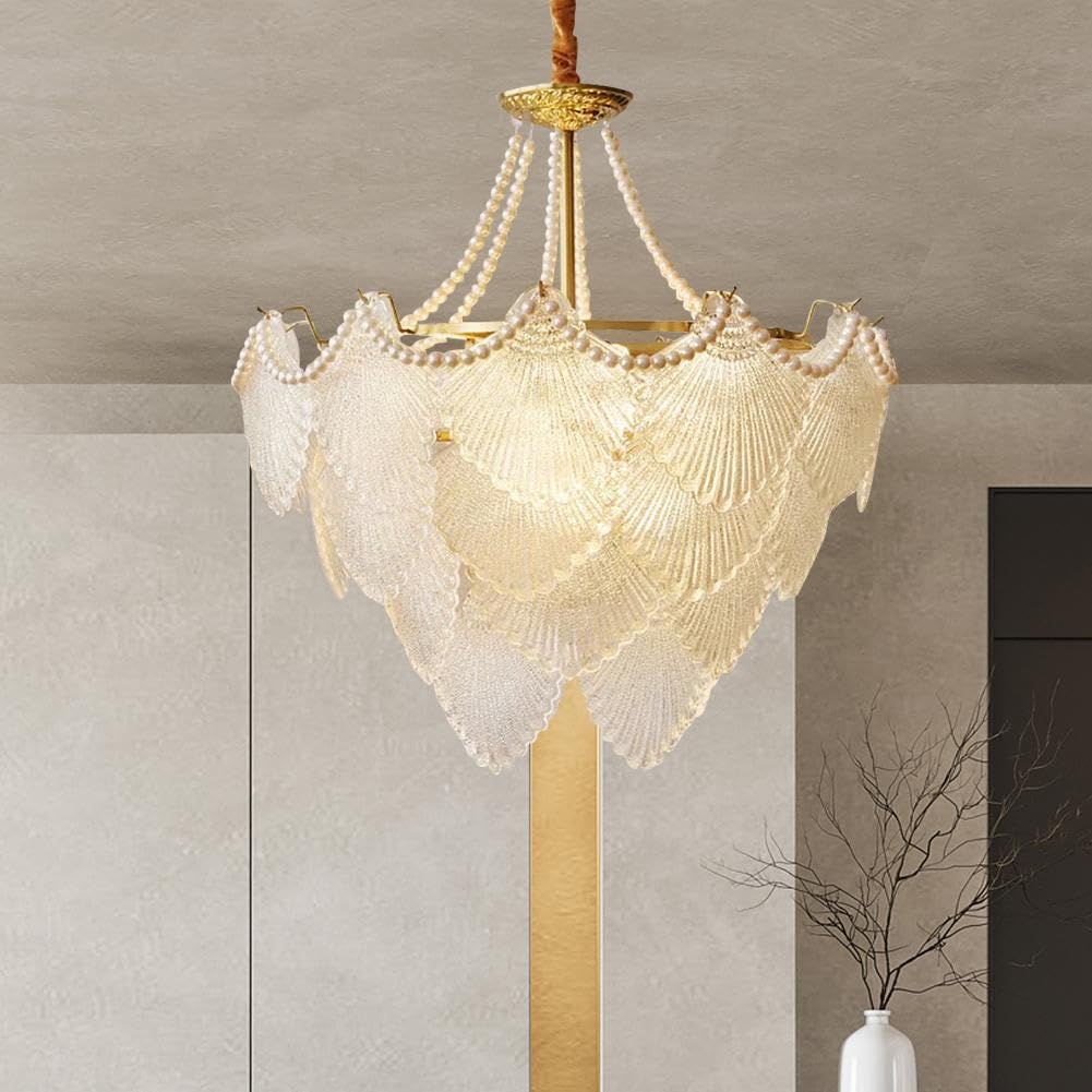 Gold Multi-Tier Crystal Chandelier, Shell Cloud Glass Metal Pendant Chandeliers