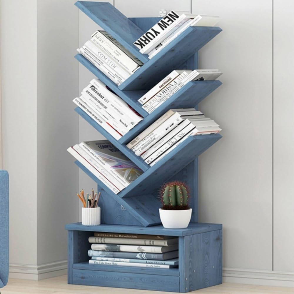 Tree-Shaped Bookshelf, Floor-Standing Bookcase, Book Storage Rack,Modern Tall Narrow Bookshelves Organizer,Can Store CD,Files,Books, Suitable for Bedroom, Living Room, Office(Blue,Small)