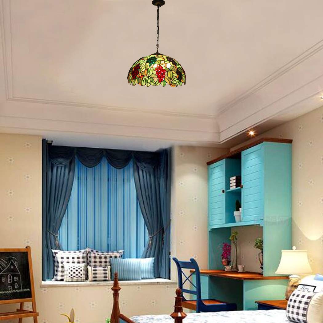 Tiffany Style Baroque Pendant Lamp Red Grape Green Leaves Stained Glass 20 Inch Shade