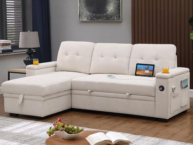 Shape Reversible Sleeper Sectional Couch Pull Out Sofa Bed w/Storage Chaise