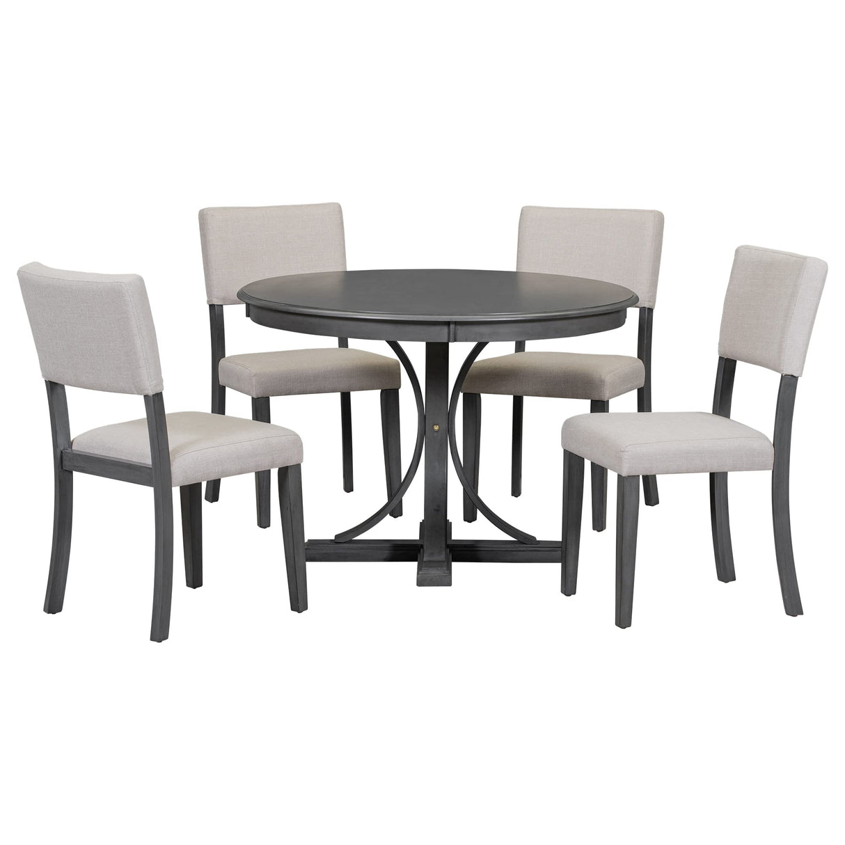 Retro Round Dining Table Set with Curved Trestle Style Legs and 4 Upholstered Chairs,