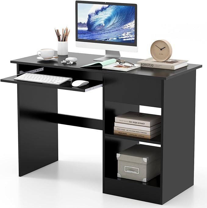 White Desk with Drawer, Wooden Computer Desk with Pull-Out Keyboard Tray & Adjustable Storage Shelves