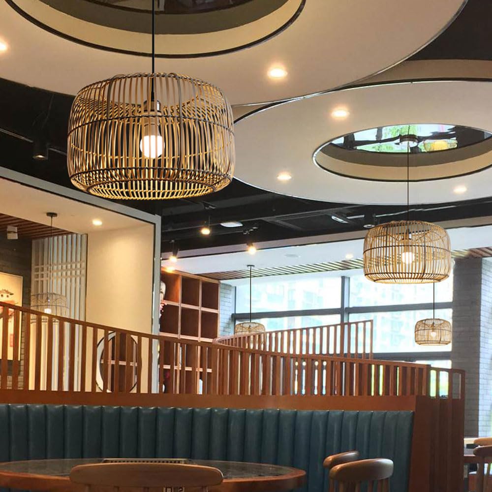 Bamboo Basket Pendant Light - Hollow Creative Lamp Shade Bohemian Wicker Lantern Ceiling Chandelier