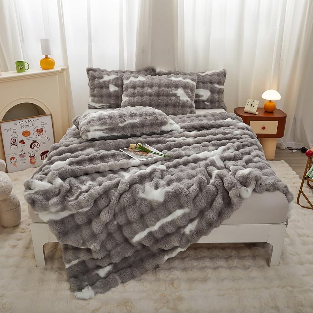 Rabbit Plush Gray White Faux Fur Duvet Cover Comforter Cover Queen