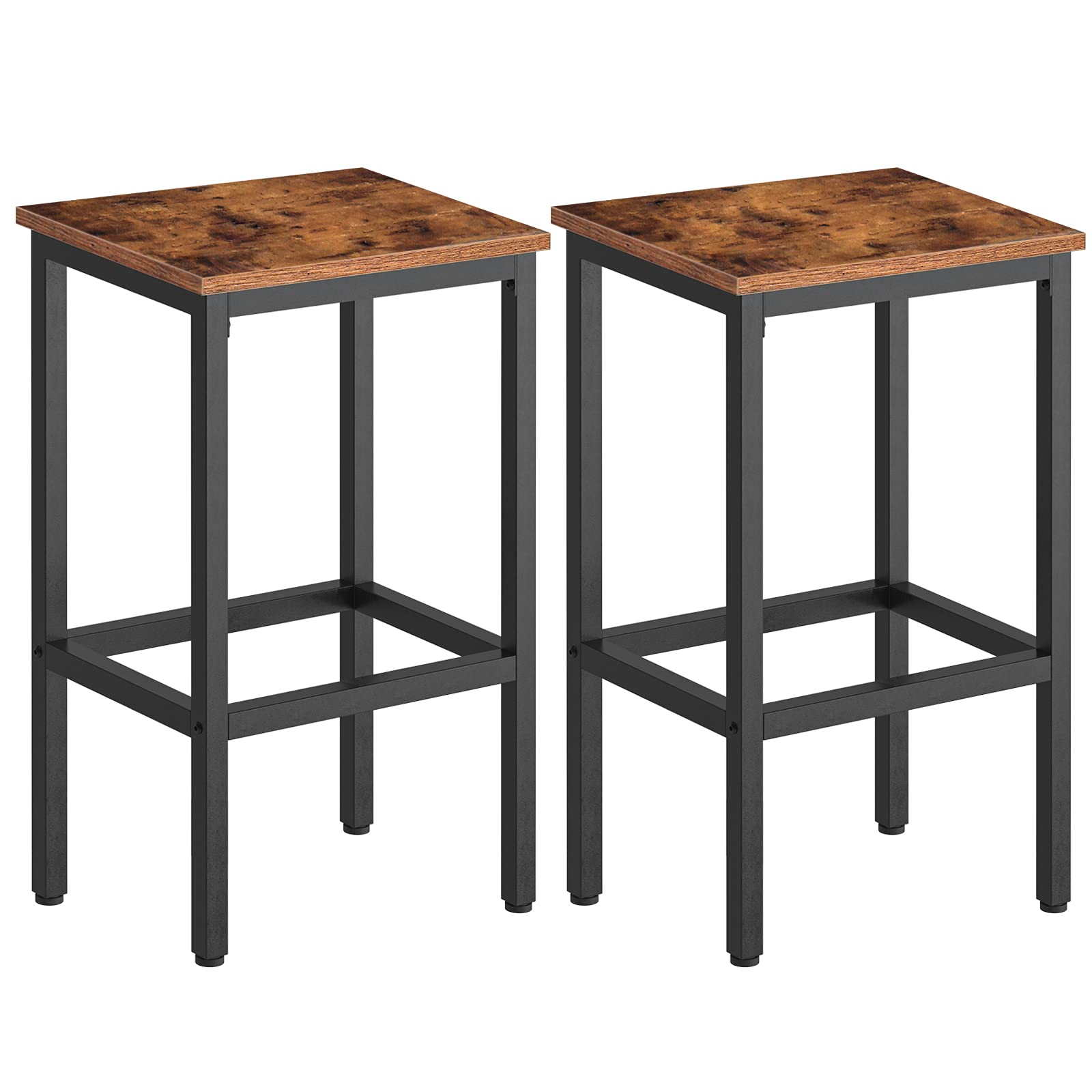 Bar Stools, Set of 2 Bar Chairs with Footrest, Black Steel Frame, Adjustable Feet
