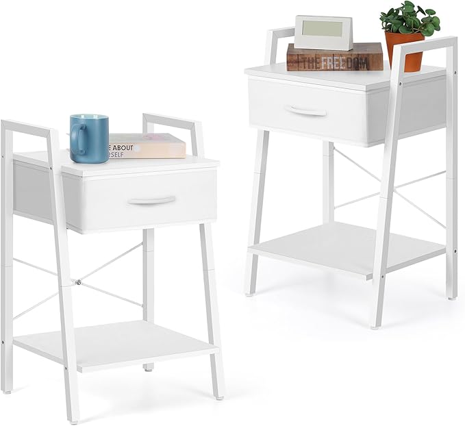 White Night Stand Side Table with Fabric Drawer and Storage Shelf 3-Tier Modern Bedside End