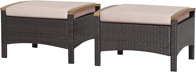 Outdoor Wicker Ottomans for Patio - 2 Pieces PE Rattan Ottoman