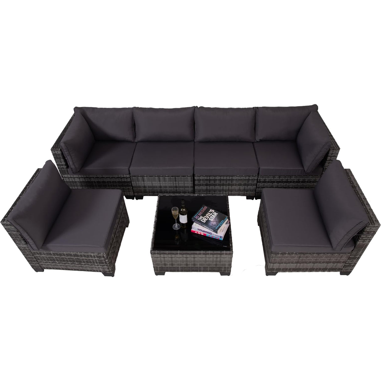 7 Pieces Wicker Patio Furniture Set, Outdoor Sectional Rattan Sofa with Waterproof