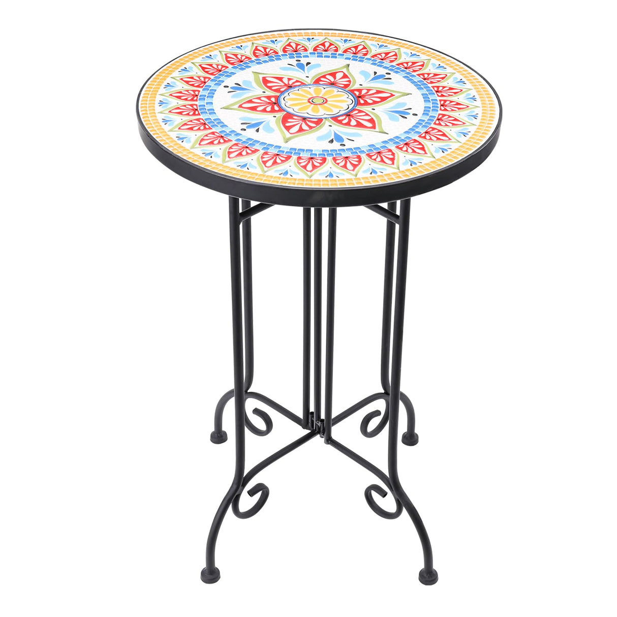 Mosaic Outdoor Side Table, Round Rustproof Patio Tables with 14" Ceramic Tile Top
