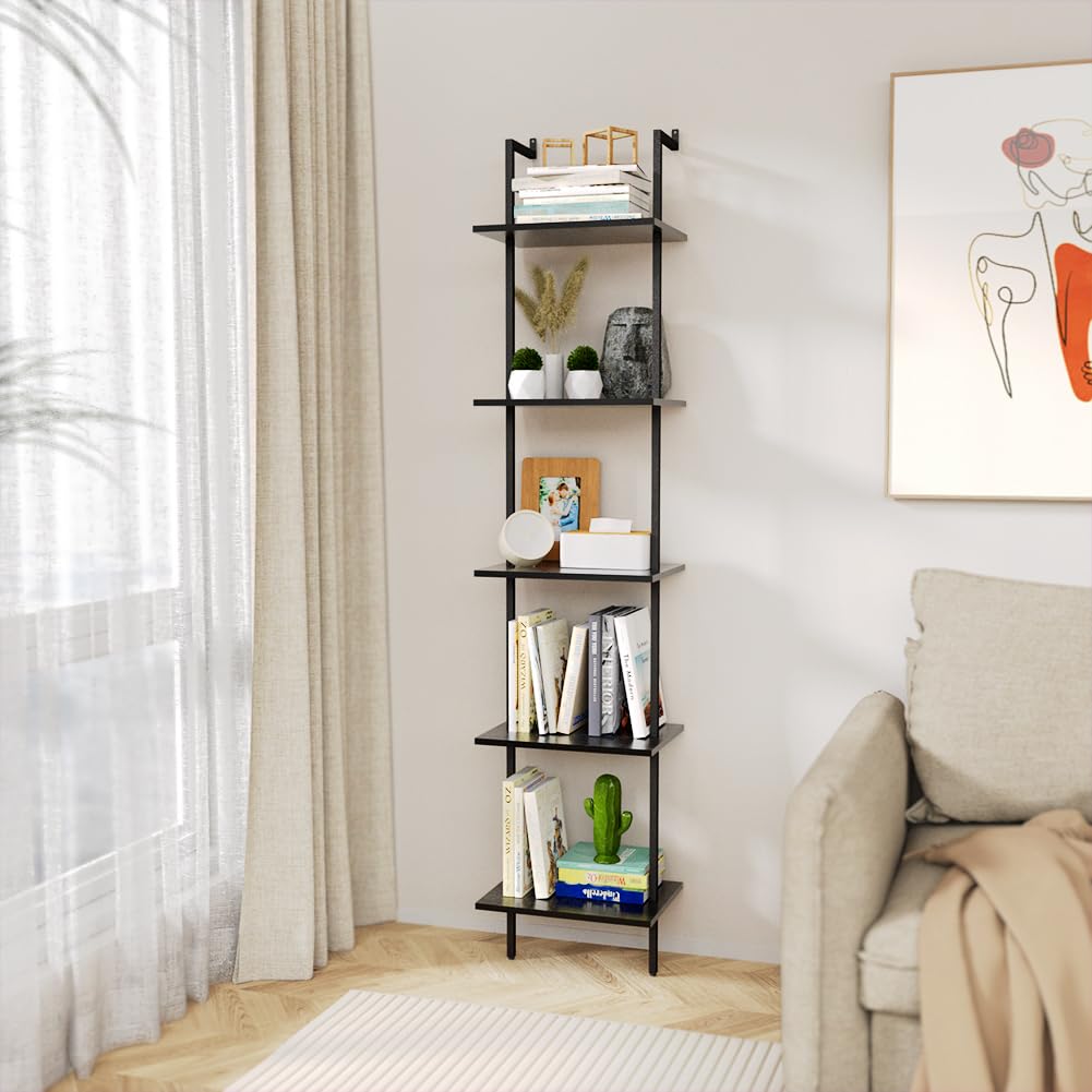 5 Tier Ladder Shelf, 70-Inch Wall Mounted Ladder Bookshelf